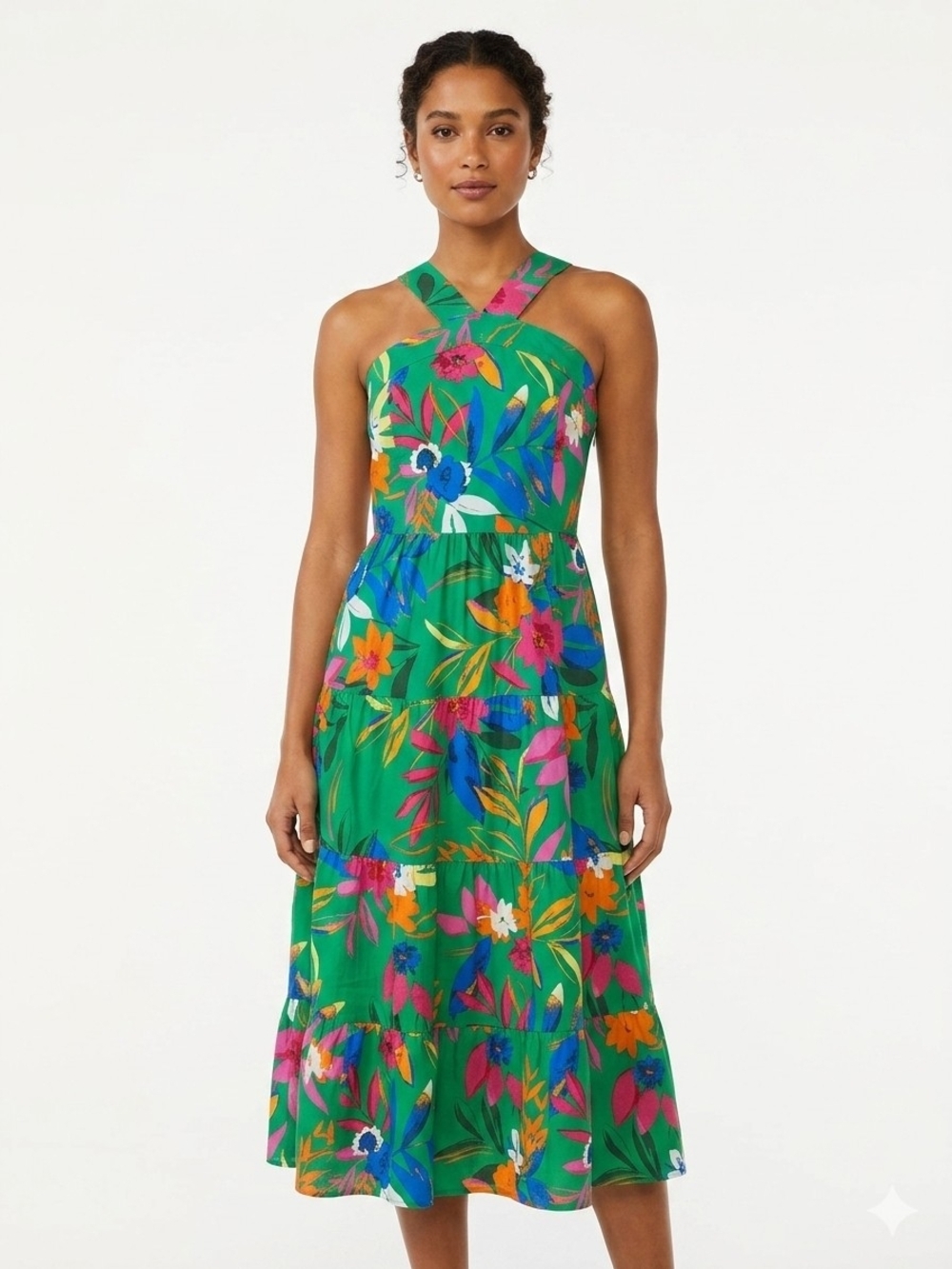 J. Crew Green Floral Halter Midi Dress with Pink, Blue & Orange Accents
